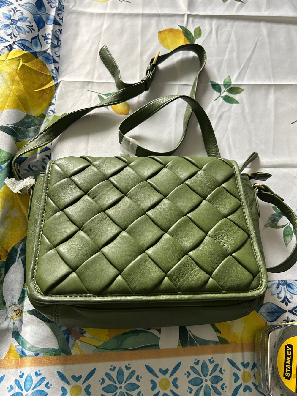 Woven Leather Crossbody Bag in Olive Green 11x9